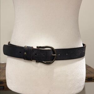 Frye Black Leather Belt with Brass Accents